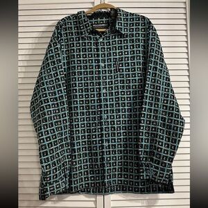 Pelle Pelle Marc Buchanan Mens XXL Teal Squared Letters Long Sleeve Button Up